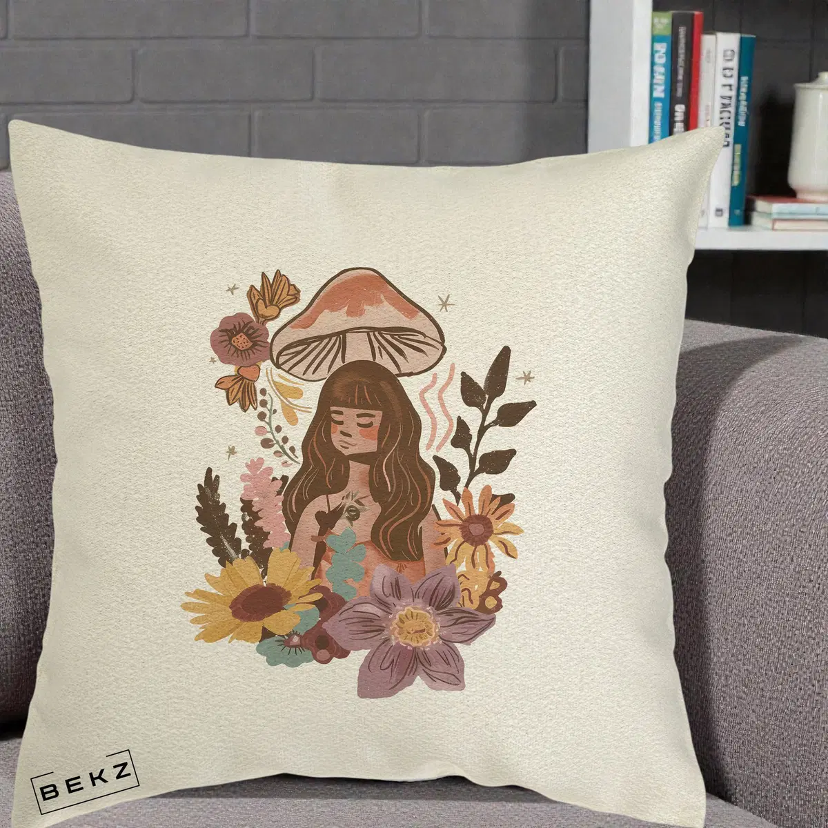 Perna Decorativa Fata Ciuperca Boho Florala, 40x40 cm, Ecru, Husa Detasabila, Perna, BEKZ®