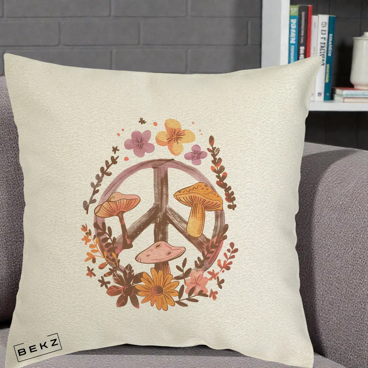 Perna Decorativa Peace Sign Ciuperci Floral, 40x40 cm, Ecru, Husa Detasabila, Perna, BEKZ®