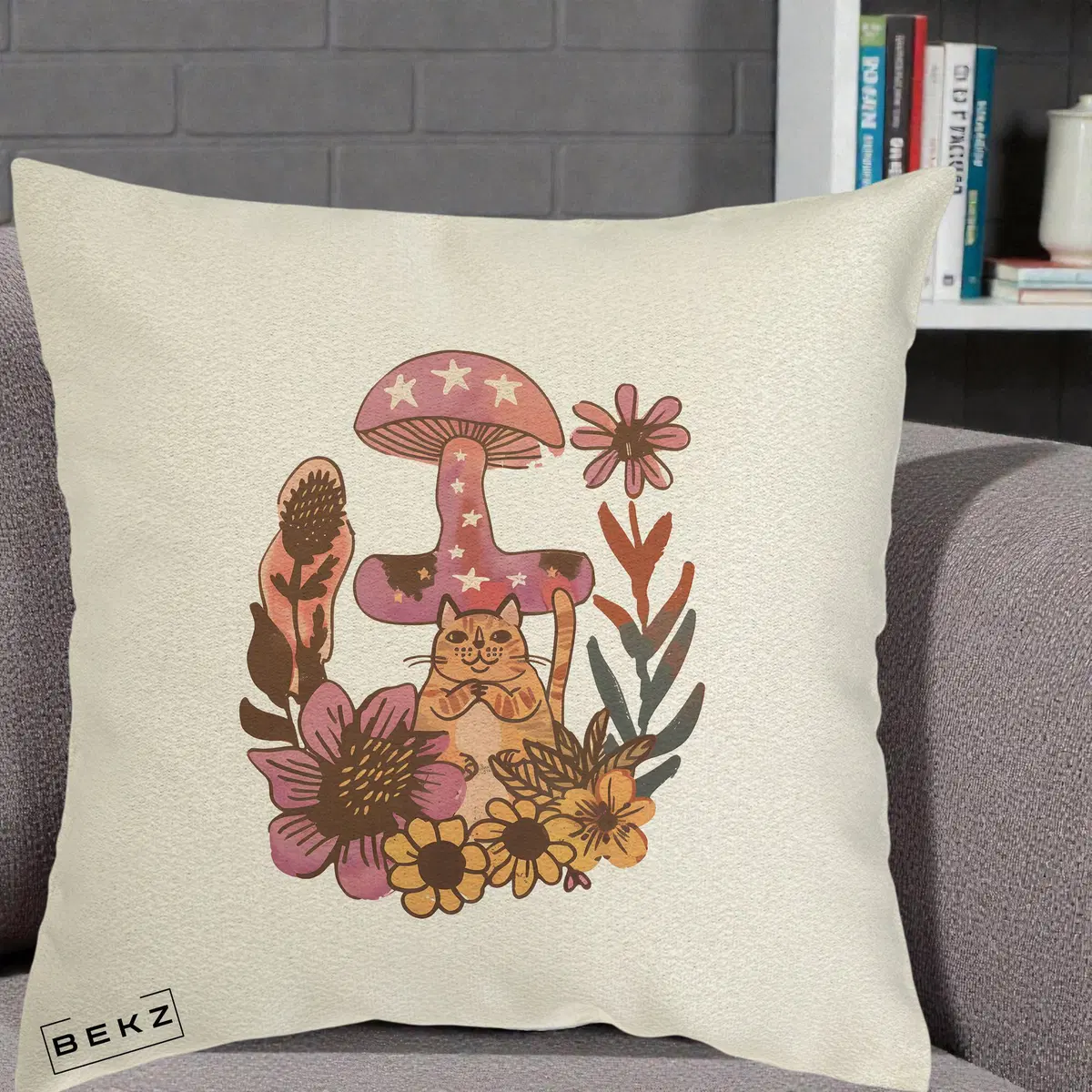 Perna Decorativa Ciuperca Pisica Boho, 40x40 cm, Ecru, Husa Detasabila, Perna, BEKZ®