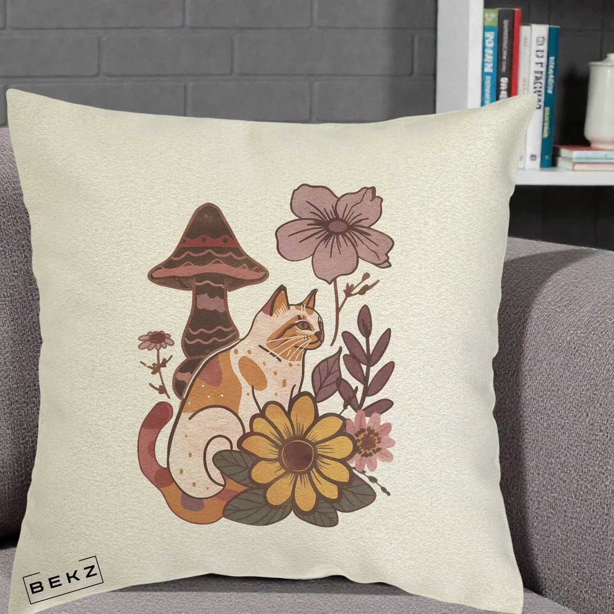 Perna Decorativa Pisica Vintage Florala Boho, 40x40 cm, Ecru, Husa Detasabila, Perna, BEKZ®