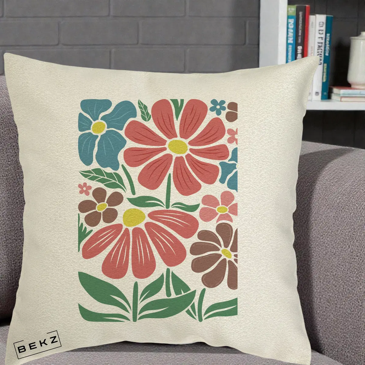 Perna Decorativa Flori Grafice Colorate Retro, 40x40 cm, Ecru, Husa Detasabila, Perna, BEKZ®