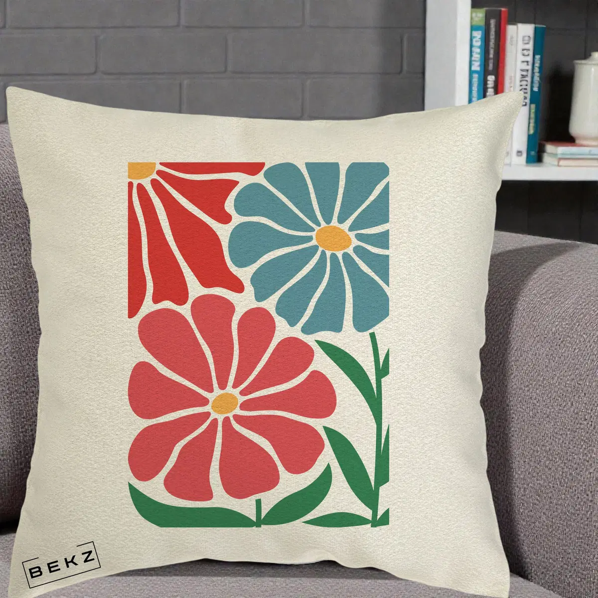 Perna Decorativa Flori Grafice Rosu-Albastru, 40x40 cm, Ecru, Husa Detasabila, Perna, BEKZ®