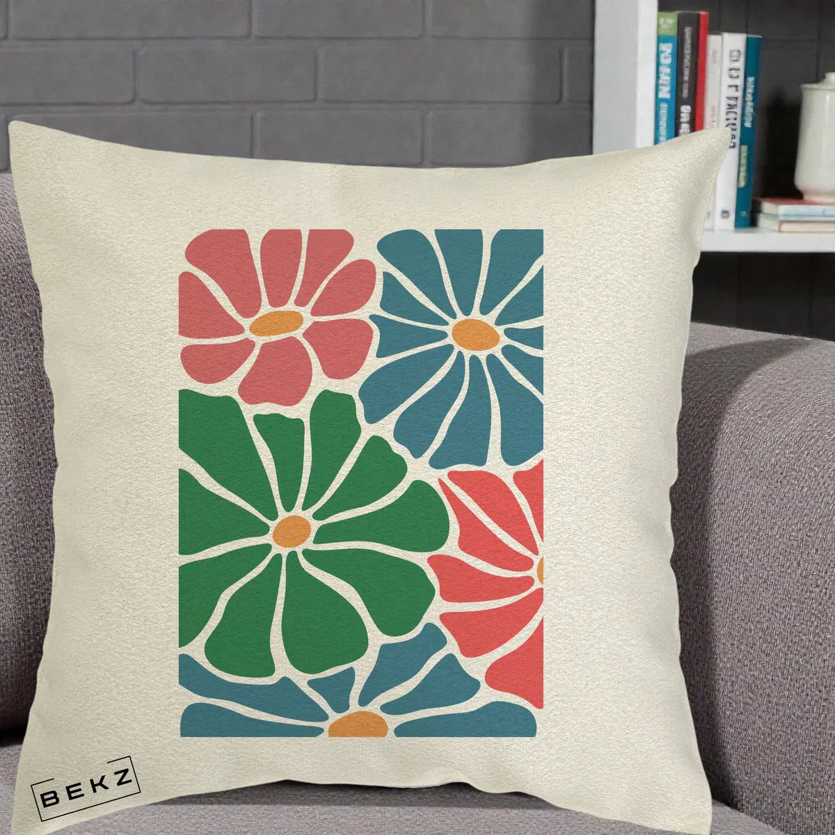 Perna Decorativa Flori Grafice Verde-Roz-Albastru, 40x40 cm, Ecru, Husa Detasabila, Perna, BEKZ®