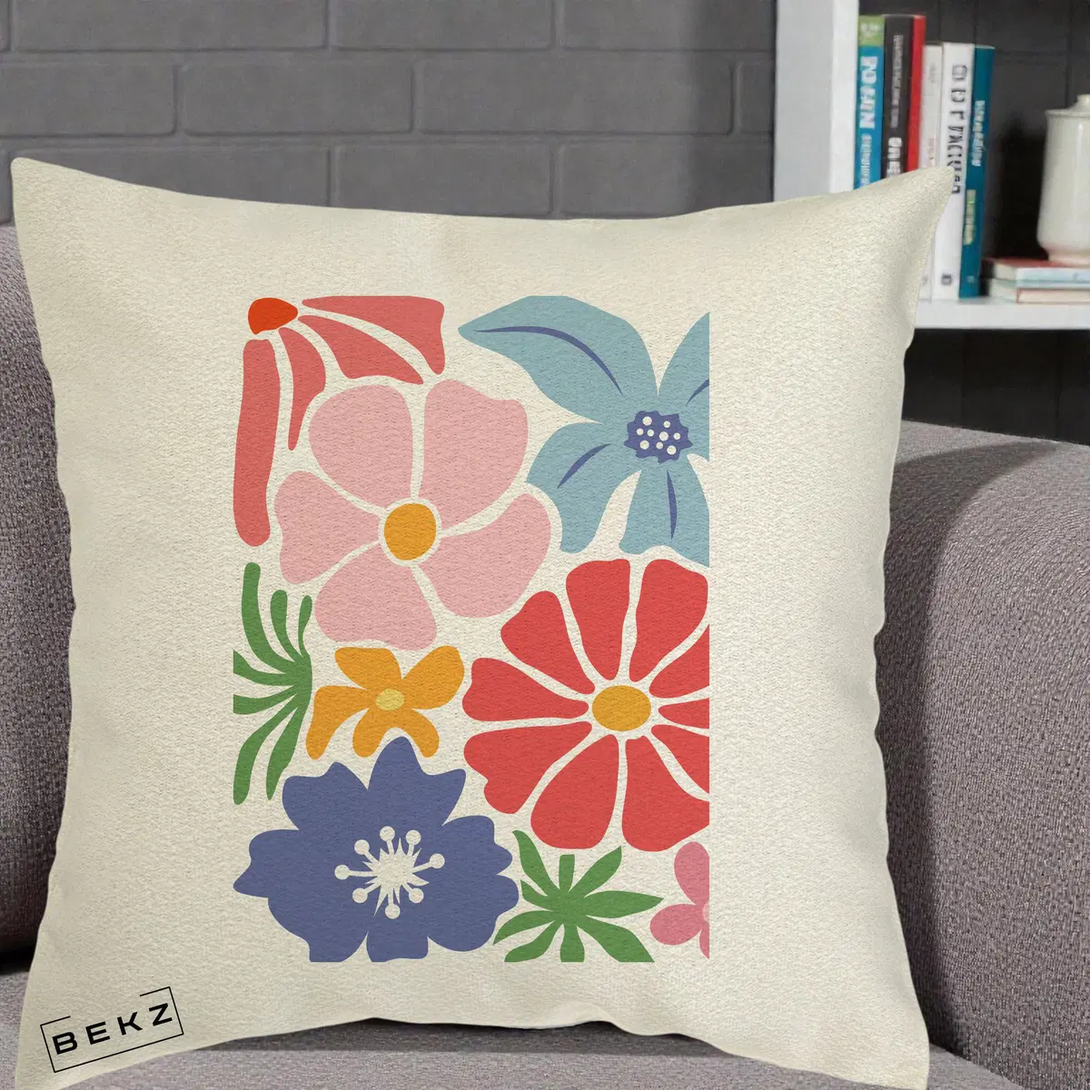 Perna Decorativa Flori Grafice Roz-Rosu-Albastru, 40x40 cm, Ecru, Husa Detasabila, Perna, BEKZ®