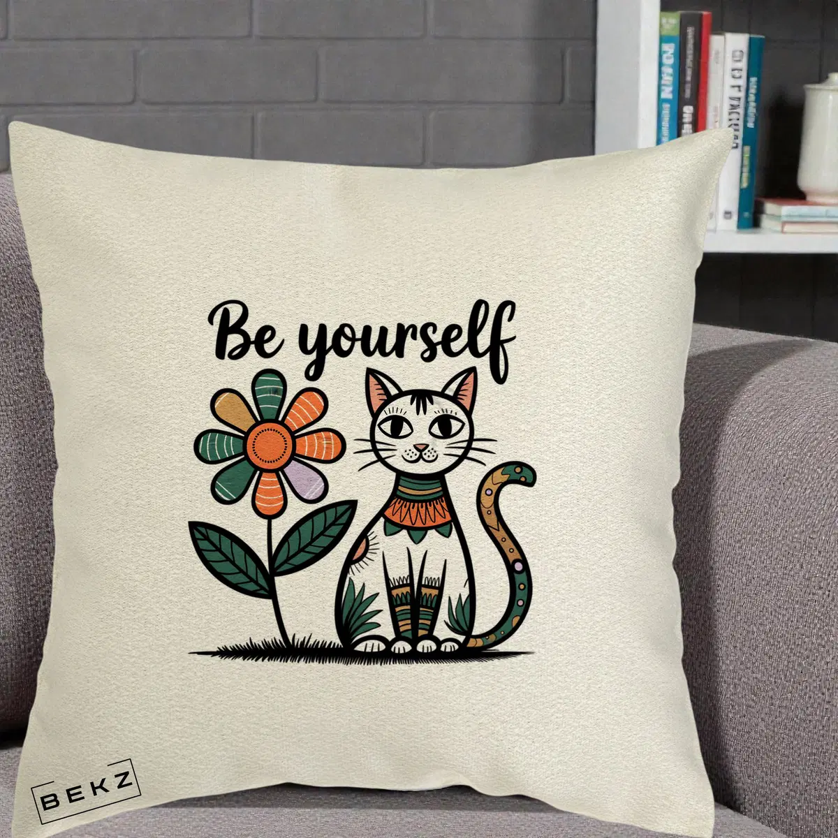 Perna Decorativa Be Yourself Pisica Folk, 40x40 cm, Ecru, Husa Detasabila, Perna, BEKZ®
