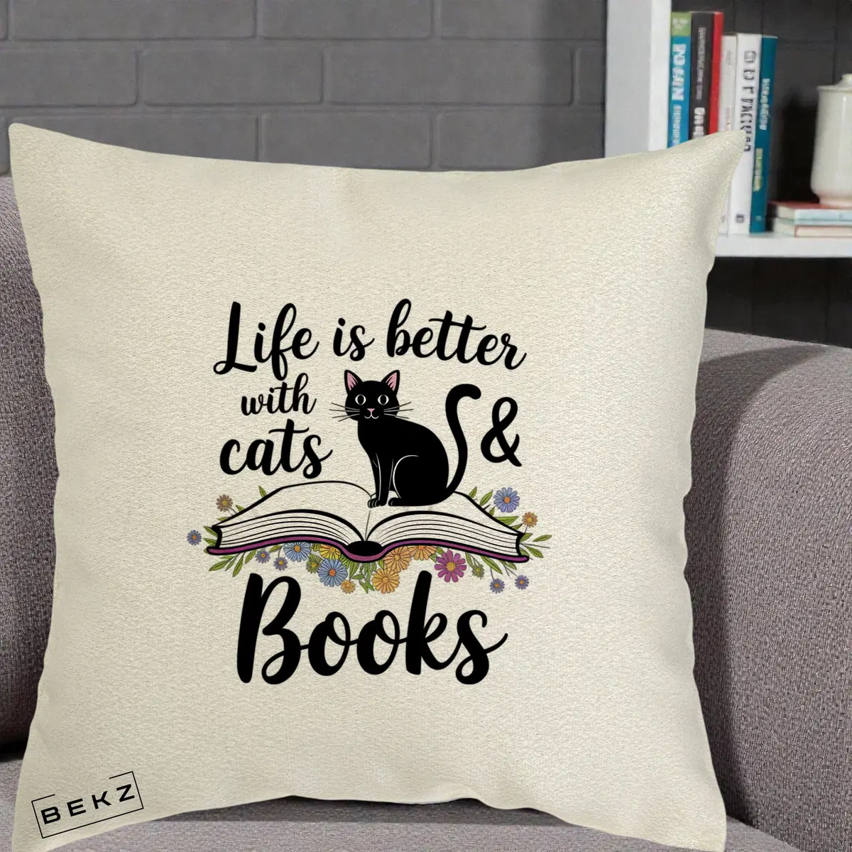 Perna Decorativa Life is Better Cats and Books, 40x40 cm, Ecru, Husa Detasabila, Perna, BEKZ®
