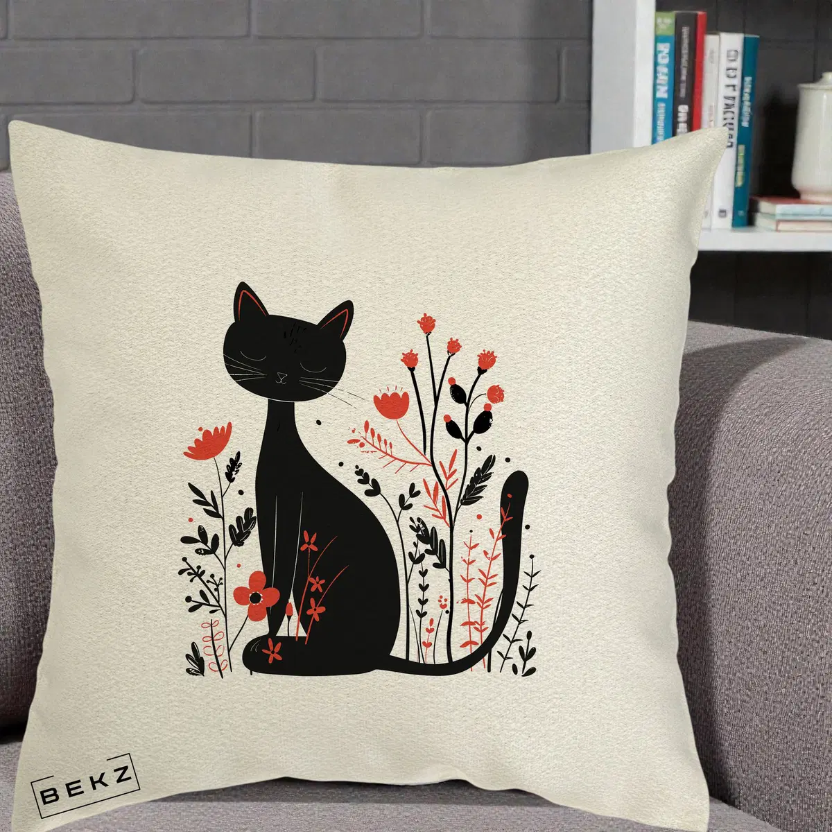 Perna Decorativa Pisica Neagra Flori Rosii Folk Minimal, 40x40 cm, Ecru, Husa Detasabila, Perna, BEKZ®