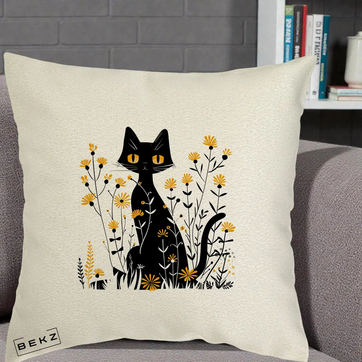 Perna Decorativa Pisica Neagra Ochi Galbeni Flori Galbene, 40x40 cm, Ecru, Husa Detasabila, Perna, BEKZ®