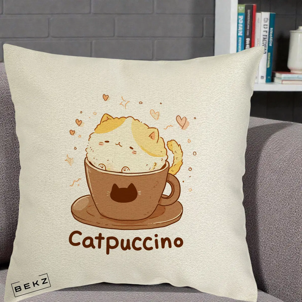 Perna Decorativa Catpuccino Pisica Cappuccino, 40x40 cm, Ecru, Husa Detasabila, Perna, BEKZ®