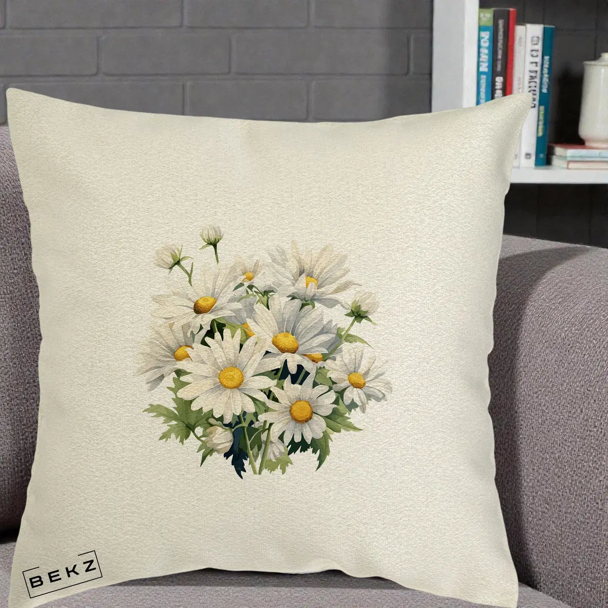 Perna Decorativa Buchet Margarete Albe Acuarela, 40x40 cm, Ecru, Husa Detasabila, Perna, BEKZ®