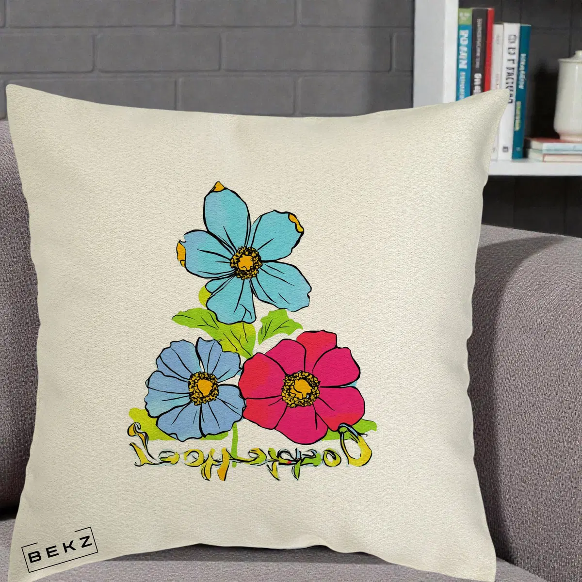 Perna Decorativa Trei Flori Grafice Pop Art, 40x40 cm, Ecru, Husa Detasabila, Perna, BEKZ®