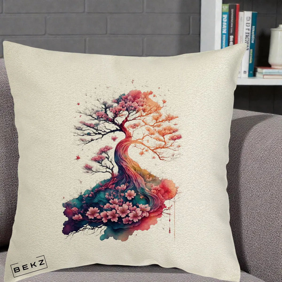 Perna Decorativa Copac Sakura Acuarela Fantasy, 40x40 cm, Ecru, Husa Detasabila, Perna, BEKZ®