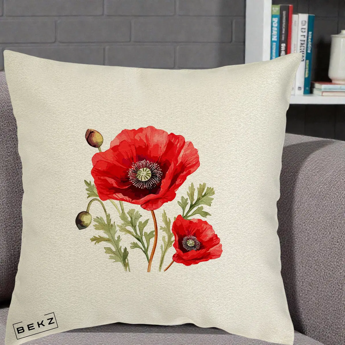 Perna Decorativa Maci Rosii Acuarela, 40x40 cm, Ecru, Husa Detasabila, Perna, BEKZ®