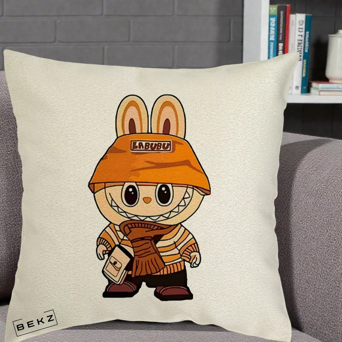 Perna Decorativa Labubu Streetwear Portocaliu, 40x40 cm, Ecru, Husa Detasabila, Perna, BEKZ®