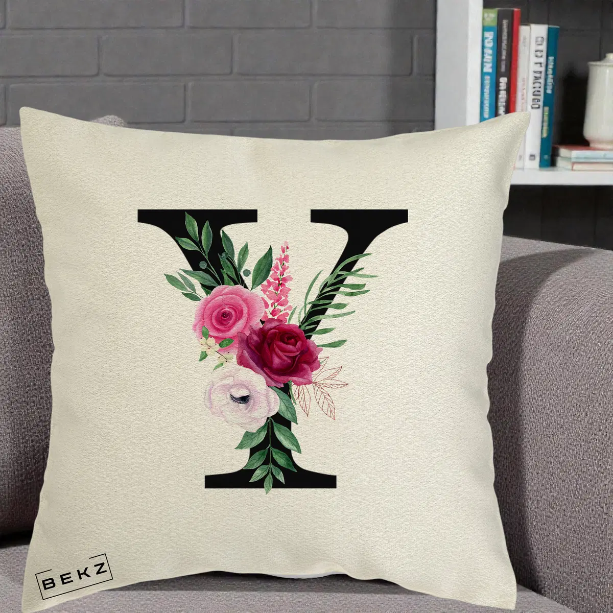 Perna Decorativa Monograma Florala Litera Y, 40x40 cm, Ecru, Husa Detasabila, Perna, BEKZ®