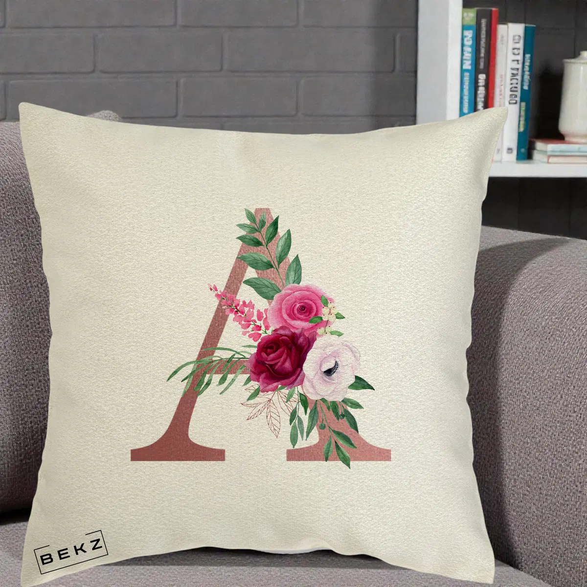 Perna Decorativa Monograma Rose Gold Litera A, 40x40 cm, Ecru, Husa Detasabila, Perna, BEKZ®