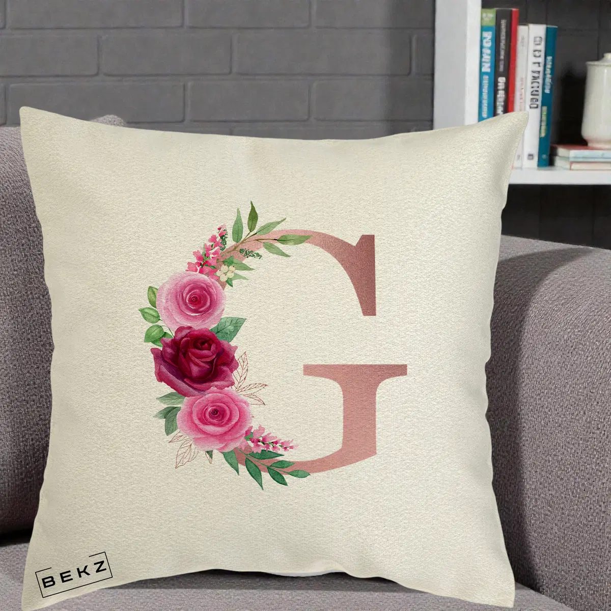 Perna Decorativa Monograma Rose Gold Litera G, 40x40 cm, Ecru, Husa Detasabila, Perna, BEKZ®
