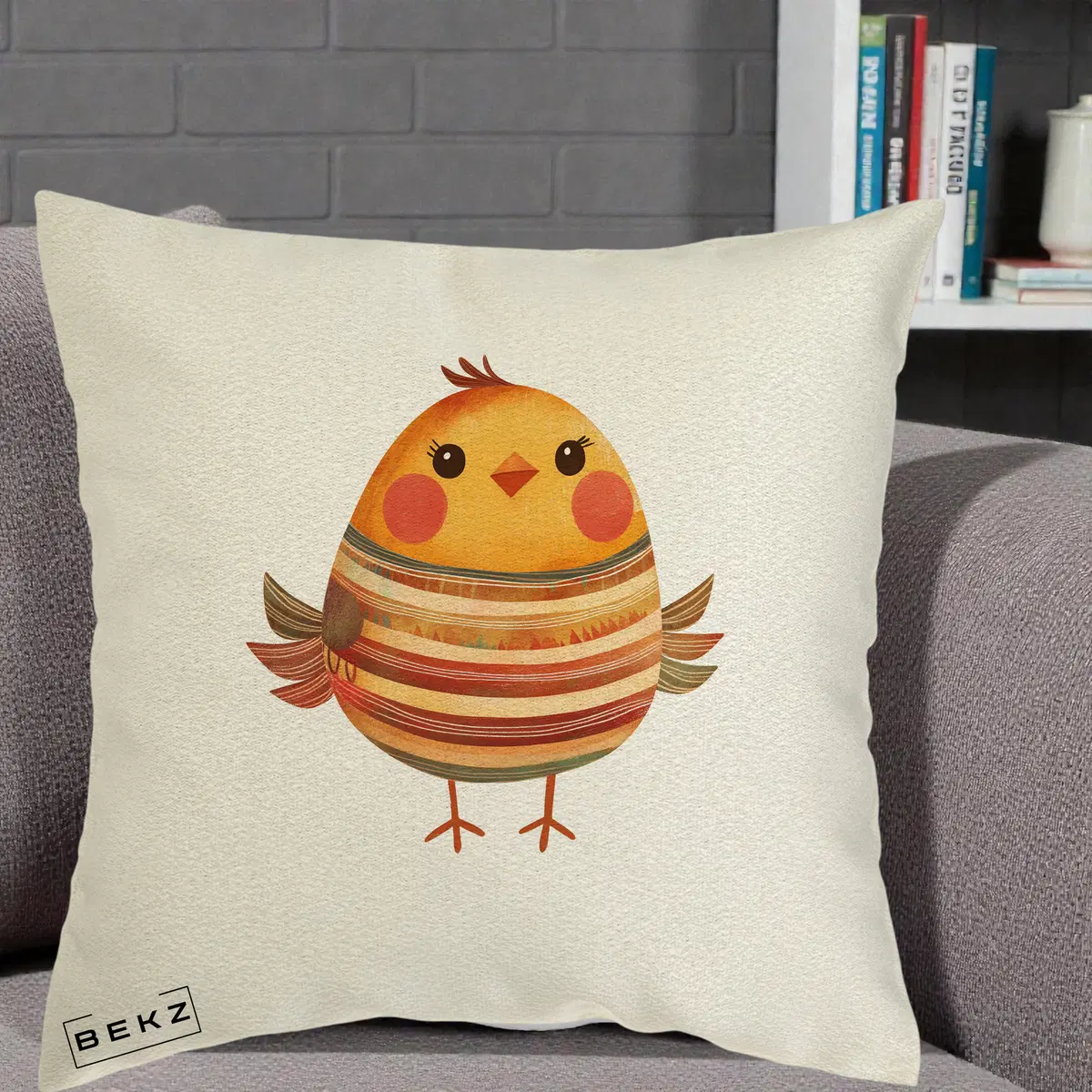 Perna Decorativa Pui Kawaii Portocaliu Dungi Calde, 40x40 cm, Ecru, Husa Detasabila, Perna, BEKZ®
