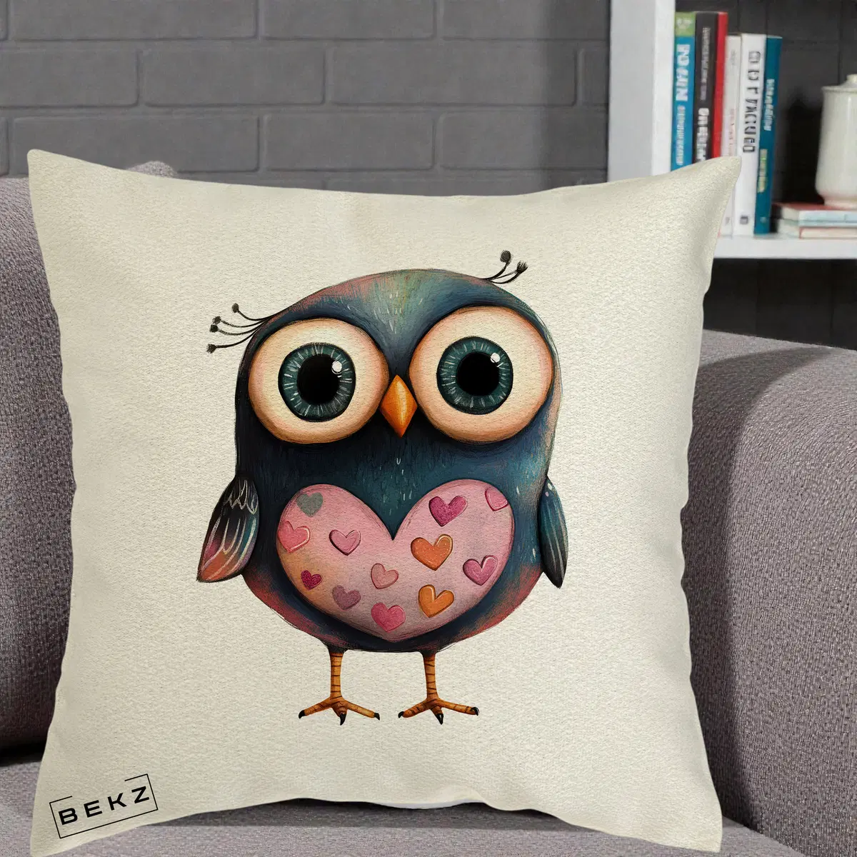 Perna Decorativa Bufnita cu Inimioare Roz, 40x40 cm, Ecru, Husa Detasabila, Perna, BEKZ®
