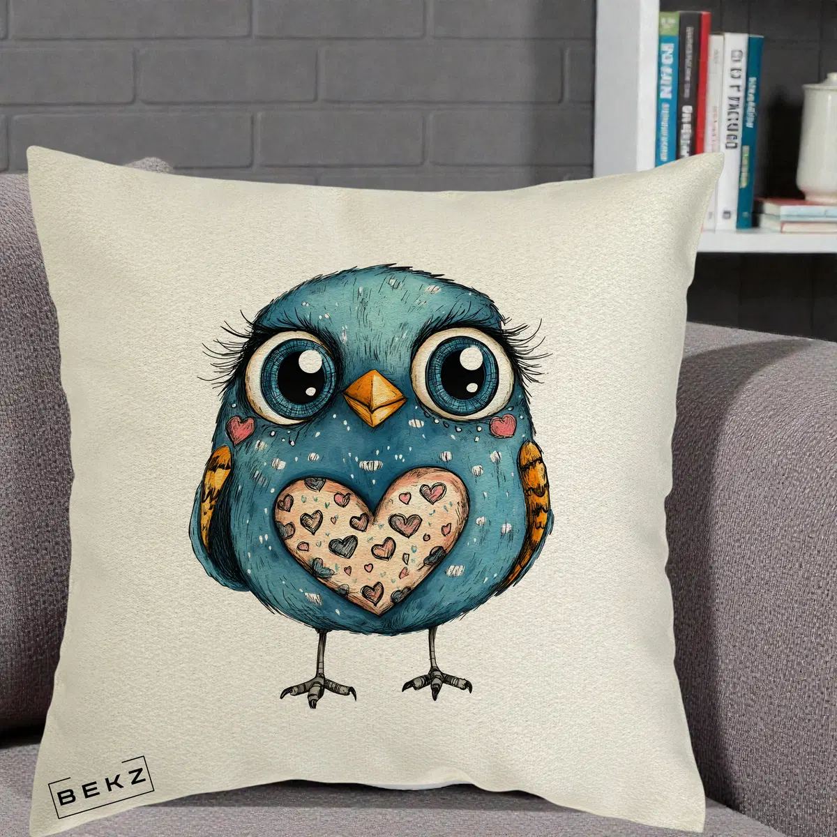 Perna Decorativa Bufnita Albastra cu Inimioare, 40x40 cm, Ecru, Husa Detasabila, Perna, BEKZ®