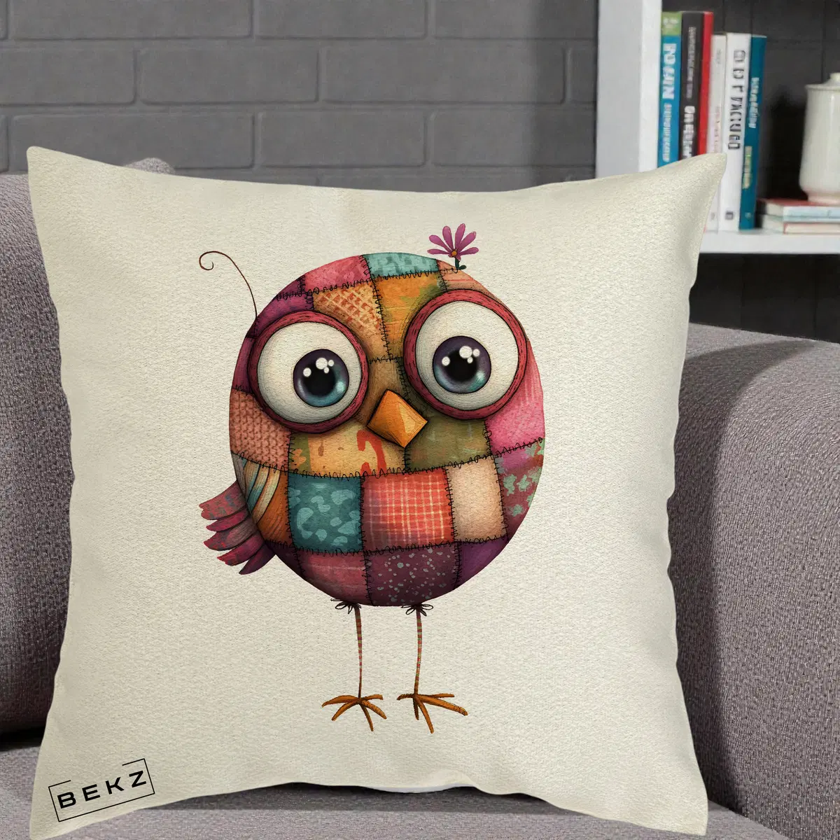 Perna Decorativa Pasare Patchwork Roz cu Floare, 40x40 cm, Ecru, Husa Detasabila, Perna, BEKZ®