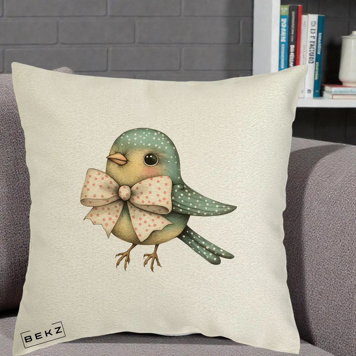 Perna Decorativa Pasare Teal cu Fundita cu Buline, 40x40 cm, Ecru, Husa Detasabila, Perna, BEKZ®