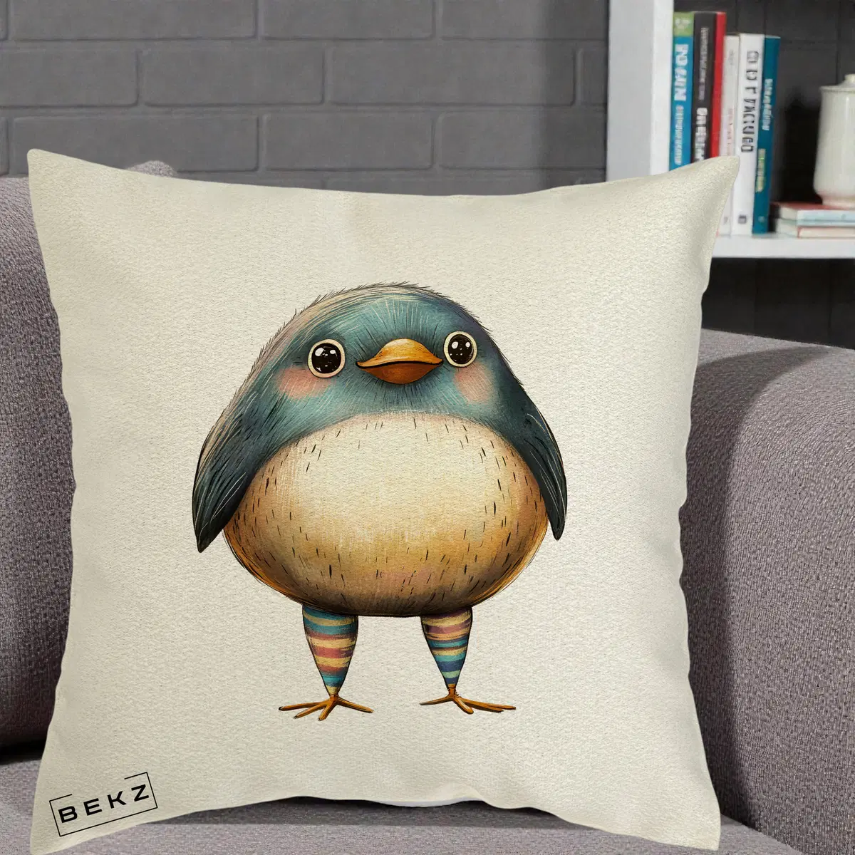 Perna Decorativa Pasare Teal-Bej cu Sosete Curcubeu, 40x40 cm, Ecru, Husa Detasabila, Perna, BEKZ®