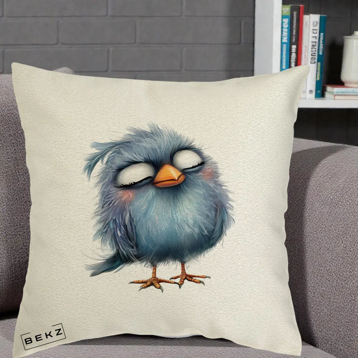 Perna Decorativa Pui Pufos Albastru Adormit, 40x40 cm, Ecru, Husa Detasabila, Perna, BEKZ®