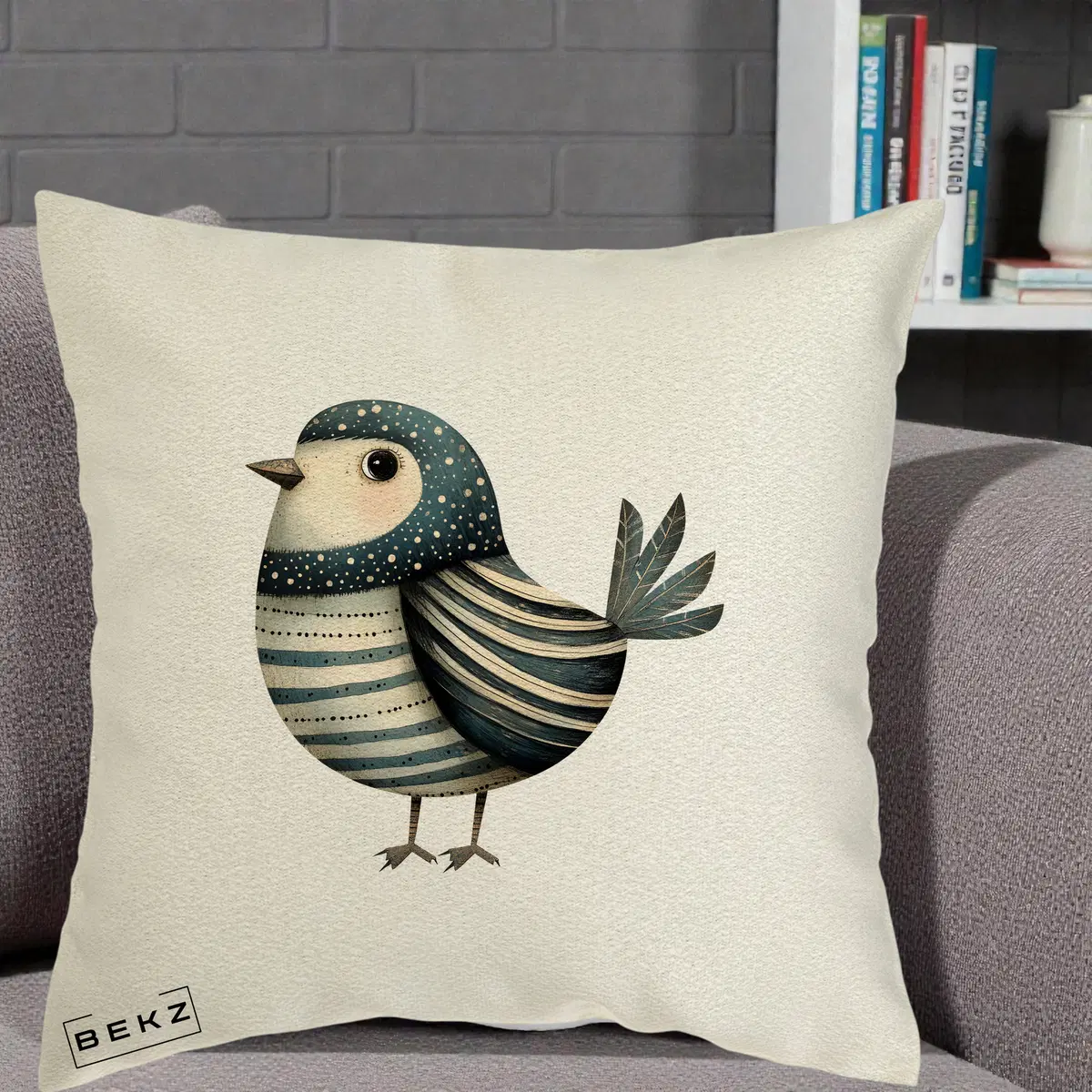 Perna Decorativa Pasare Teal Decorativa Dungata, 40x40 cm, Ecru, Husa Detasabila, Perna, BEKZ®