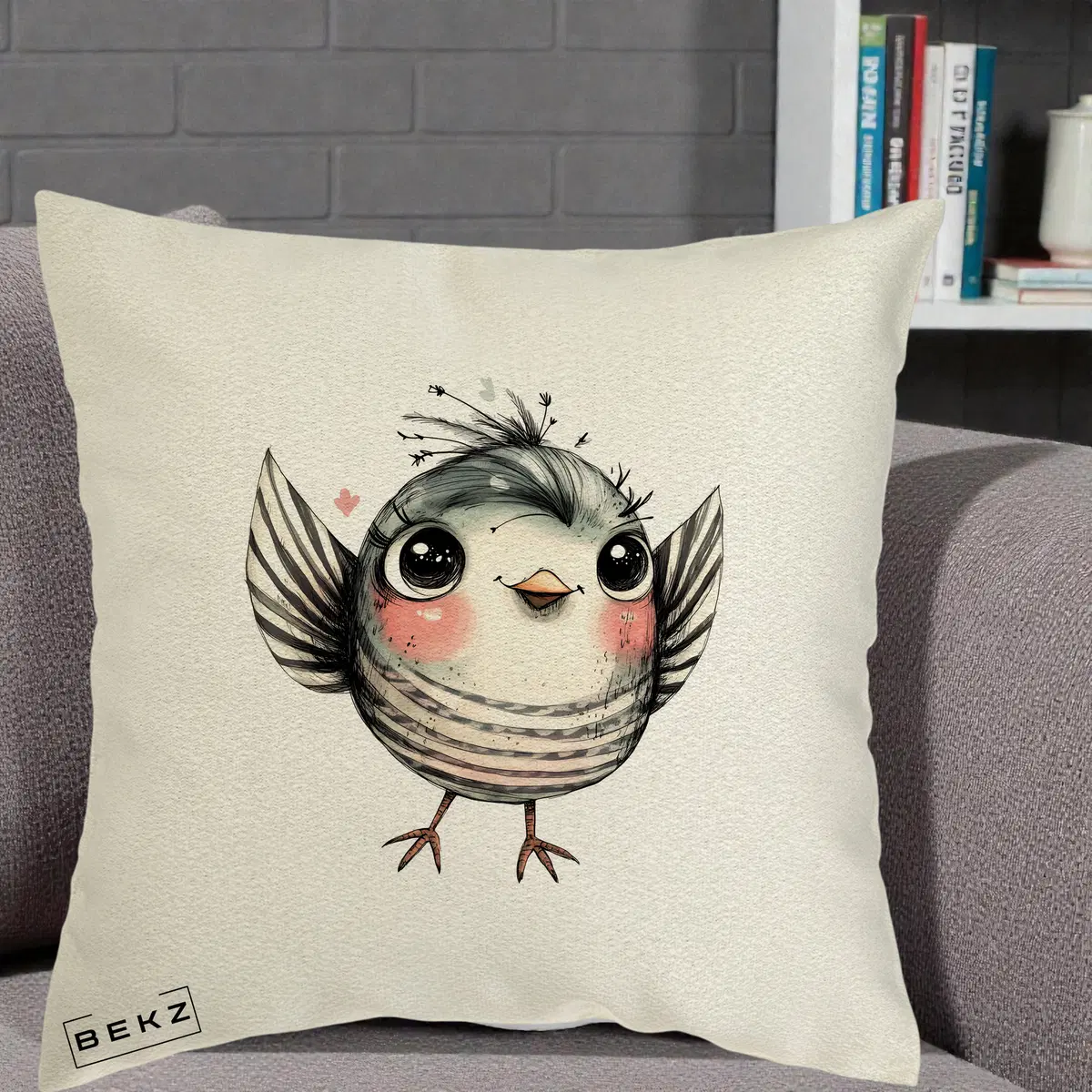 Perna Decorativa Pasare Gri cu Aripi si Inimioare, 40x40 cm, Ecru, Husa Detasabila, Perna, BEKZ®