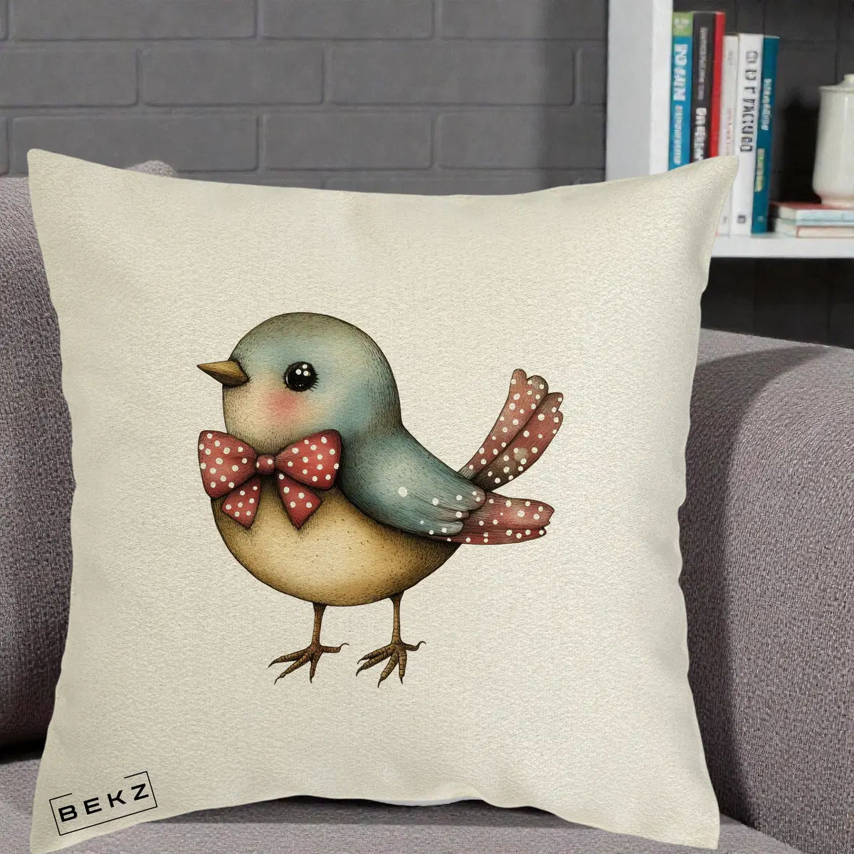 Perna Decorativa Pasare Bleu cu Fundita Rosie, 40x40 cm, Ecru, Husa Detasabila, Perna, BEKZ®