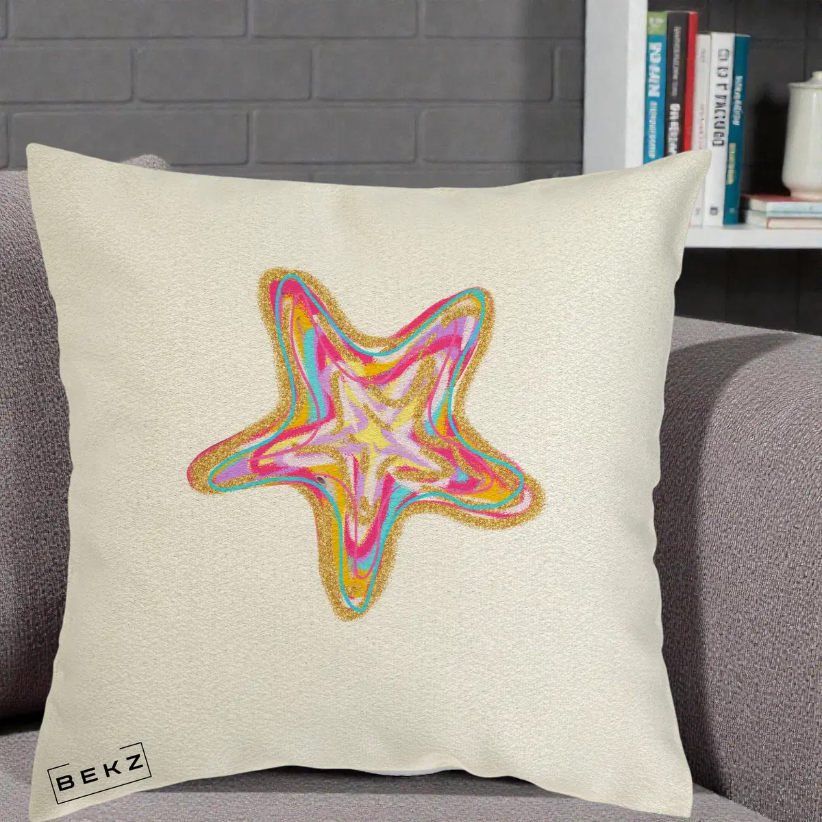 Perna Decorativa Stea de Mare Neon Curcubeu, 40x40 cm, Ecru, Husa Detasabila, Perna, BEKZ®
