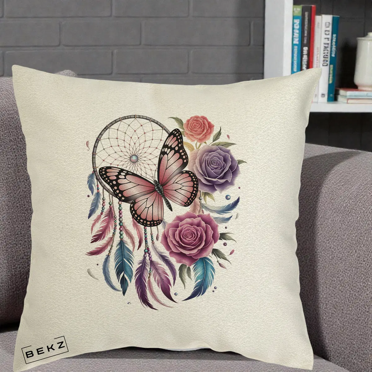 Perna Decorativa Prinzator de Vise cu Fluture si Trandafiri, 40x40 cm, Ecru, Husa Detasabila, Perna, BEKZ®