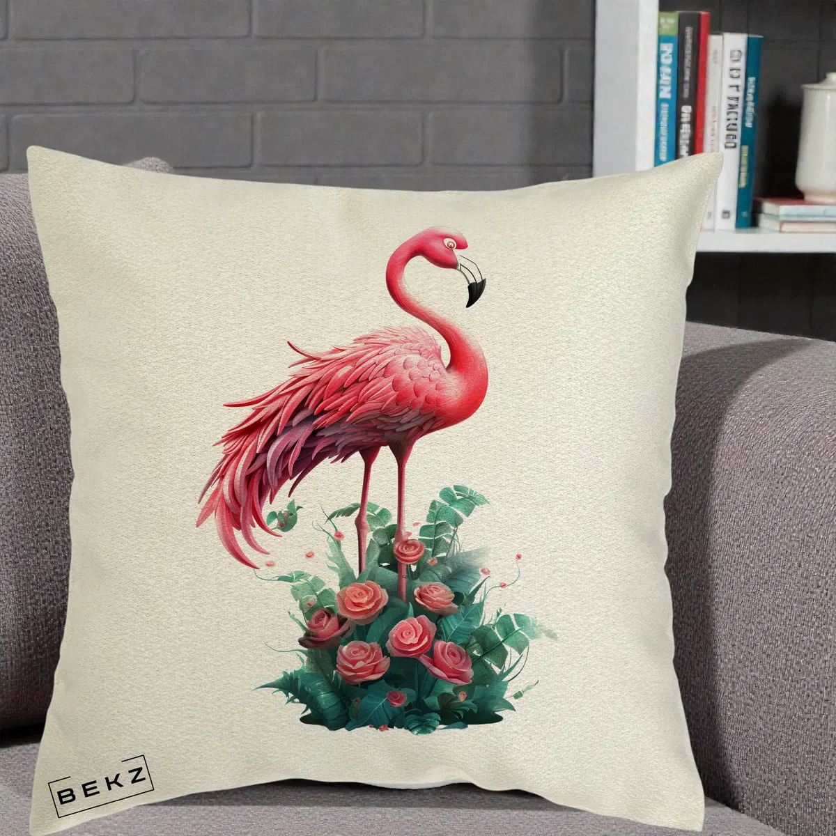 Perna Decorativa Flamingo cu Trandafiri Tropicali, 40x40 cm, Ecru, Husa Detasabila, Perna, BEKZ®