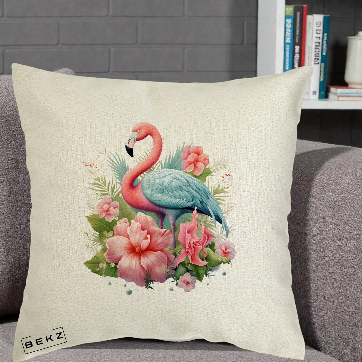 Perna Decorativa Flamingo cu Hibiscus Tropical, 40x40 cm, Ecru, Husa Detasabila, Perna, BEKZ®