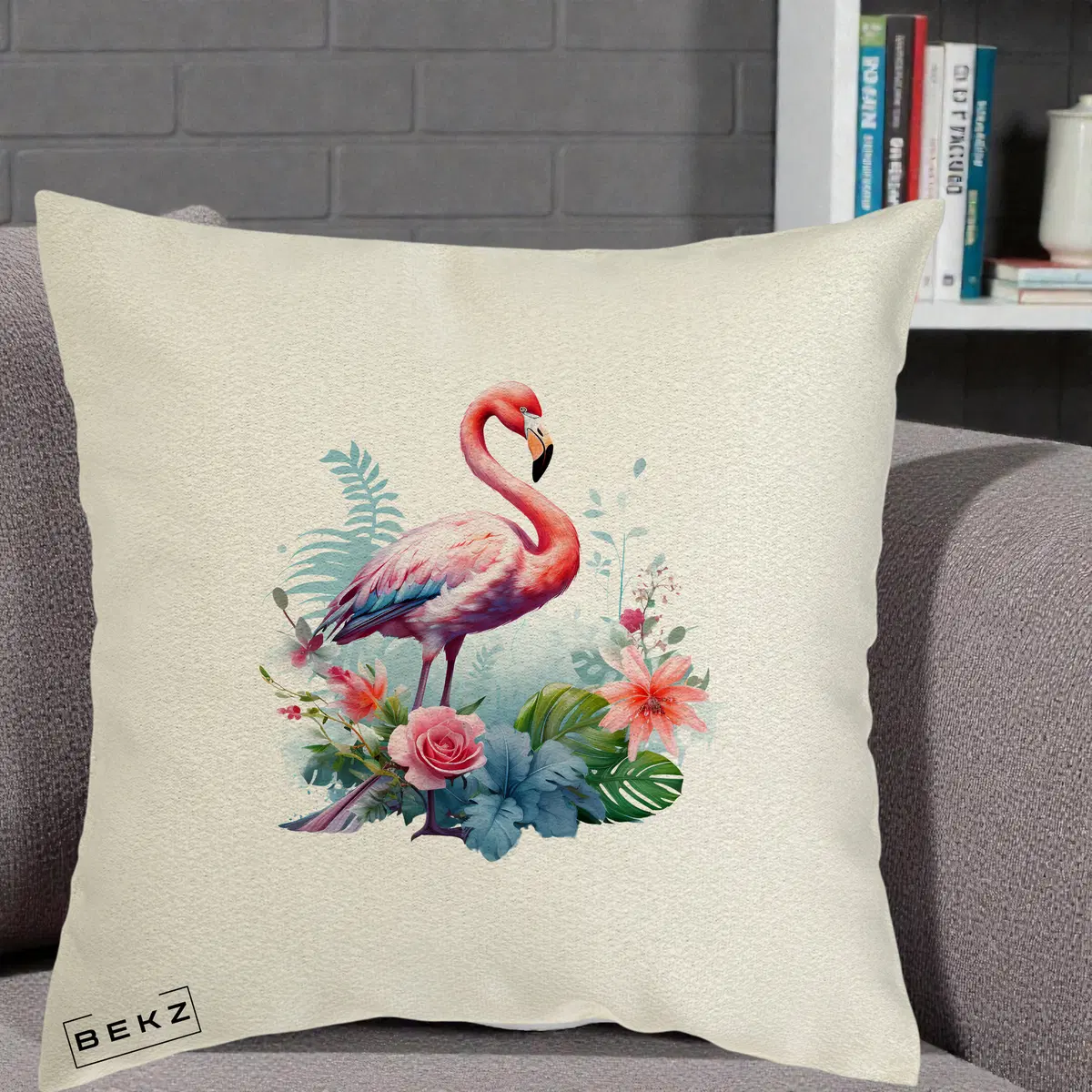 Perna Decorativa Flamingo cu Flori Tropicale Acuarela, 40x40 cm, Ecru, Husa Detasabila, Perna, BEKZ®