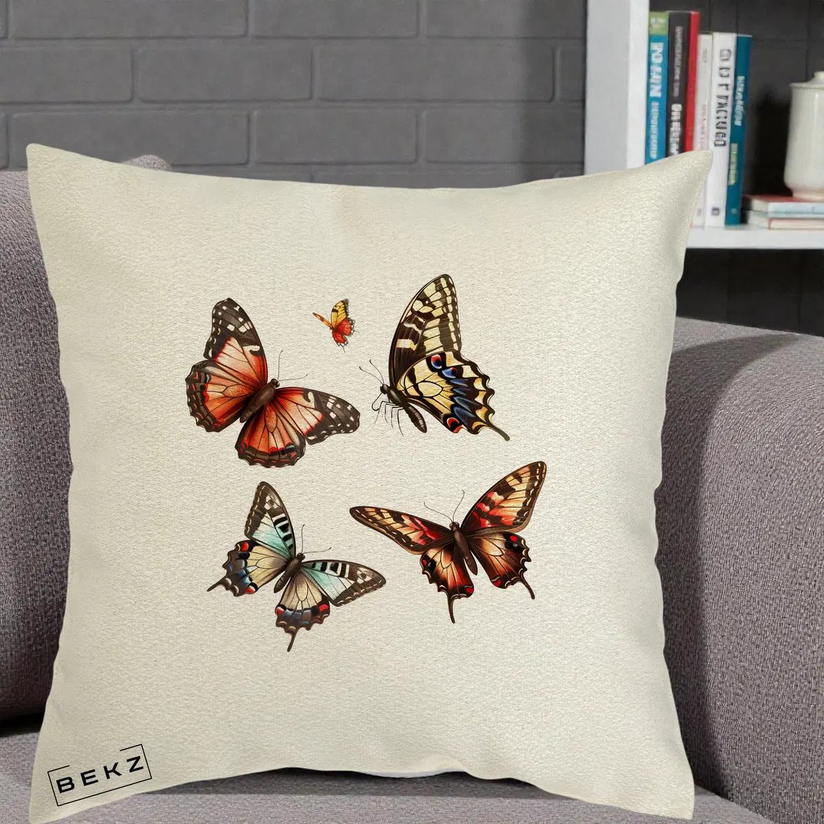 Perna Decorativa Colectie Fluturi Multicolori, 40x40 cm, Ecru, Husa Detasabila, Perna, BEKZ®