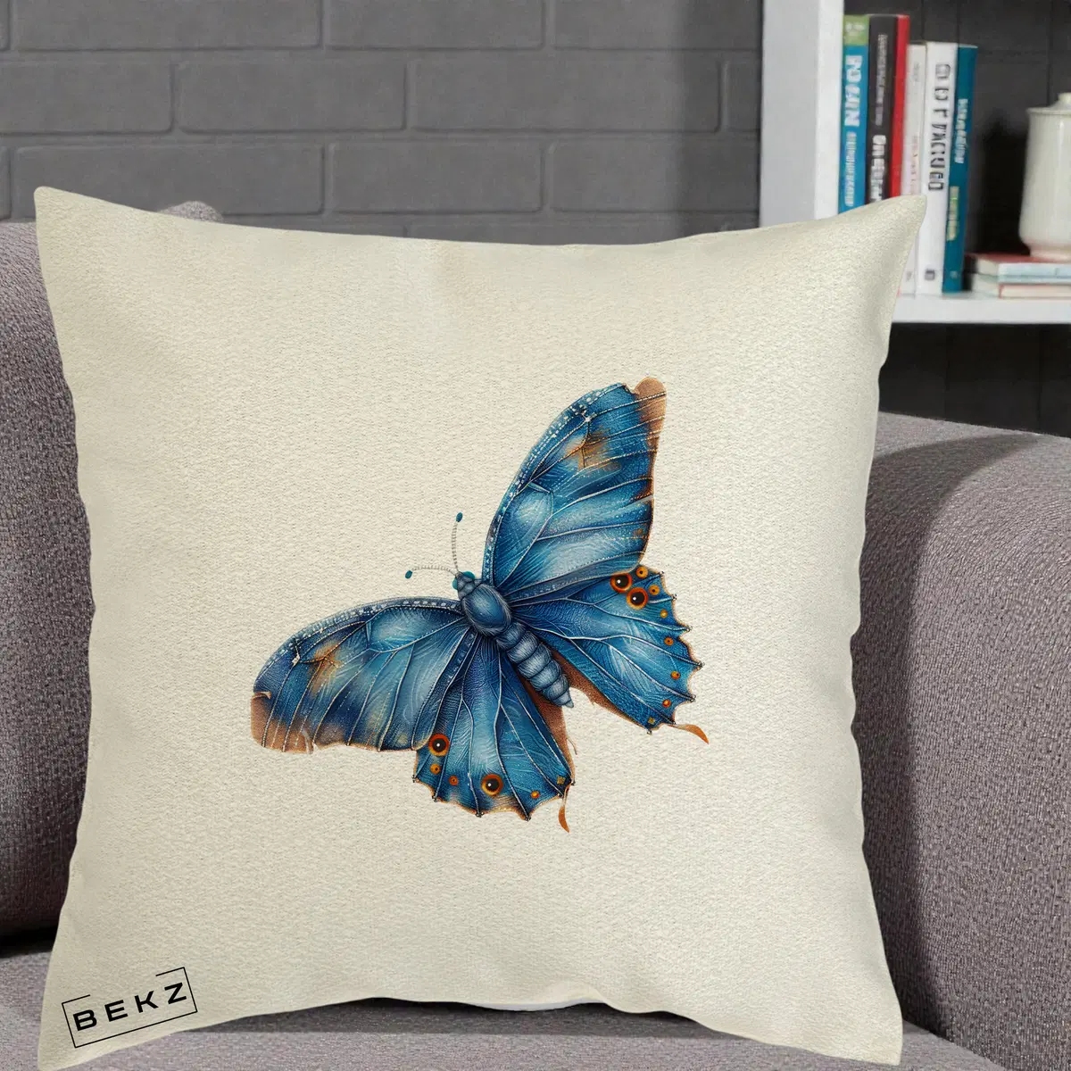 Perna Decorativa Fluture Albastru Satin cu Pete Aurii, 40x40 cm, Ecru, Husa Detasabila, Perna, BEKZ®