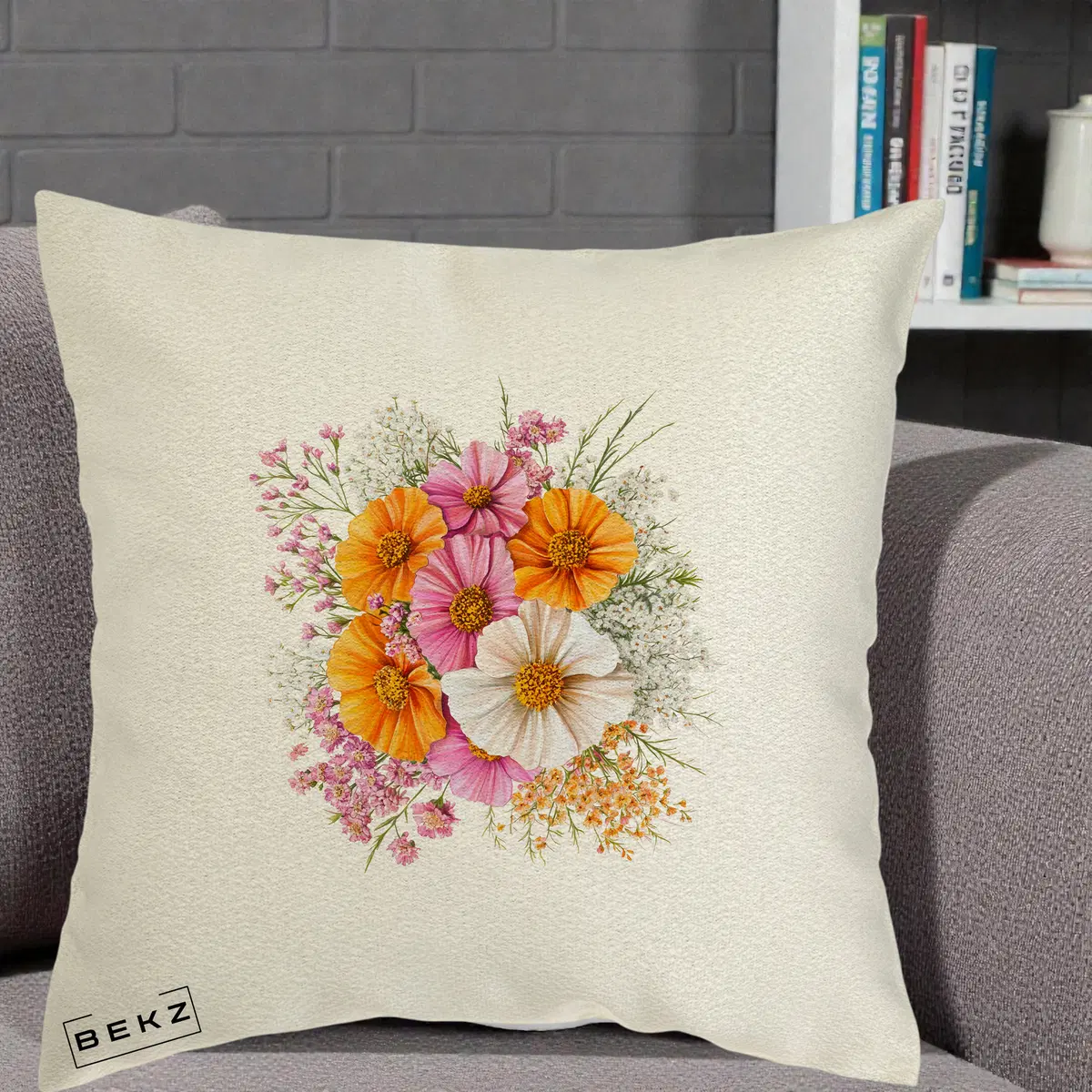 Perna Decorativa Buchet Cosmos Portocaliu Roz si Alb, 40x40 cm, Ecru, Husa Detasabila, Perna, BEKZ®