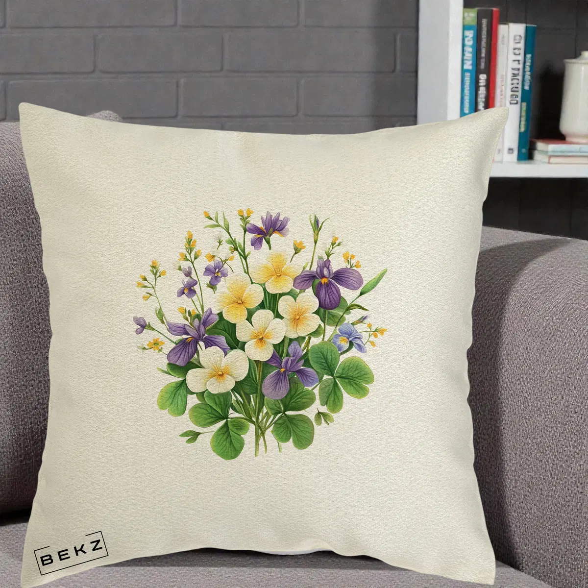 Perna Decorativa Viorele Iris Violet si Trifoi, 40x40 cm, Ecru, Husa Detasabila, Perna, BEKZ®