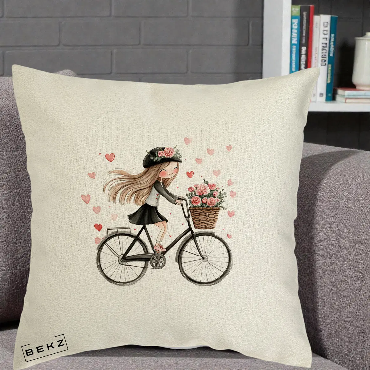 Perna Decorativa Fetita Kawaii pe Bicicleta cu Trandafiri si Inimioare, 40x40 cm, Ecru, Husa Detasabila, Perna, BEKZ®