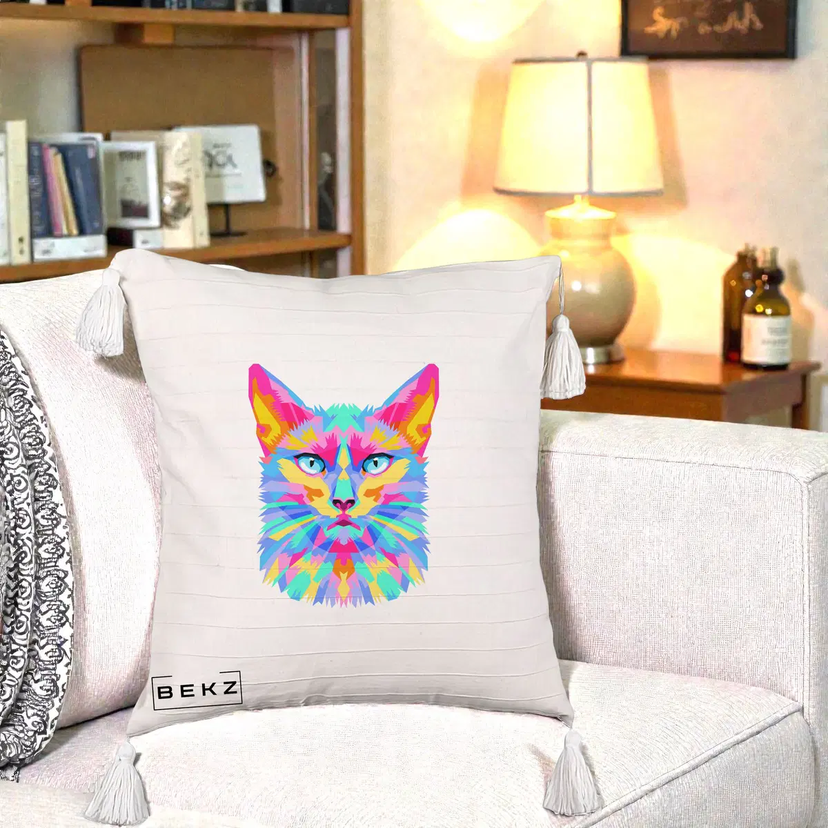 Perna Decorativa Pisica Pop Art Multicolor, 40x40 cm, Bej cu Franjuri, Husa Detasabila, Perna, BEKZ®