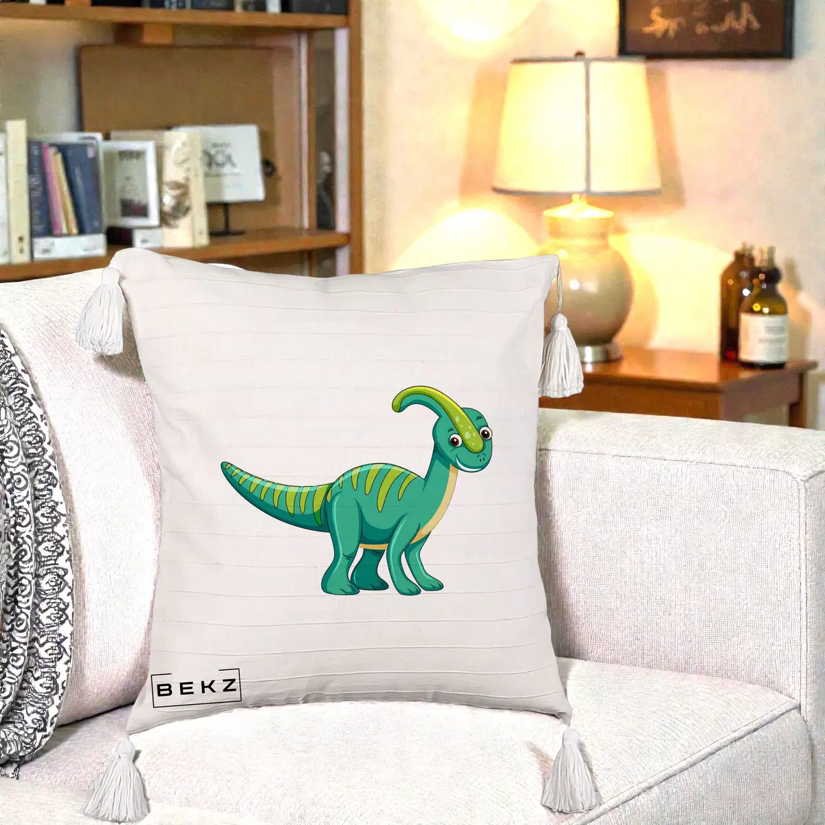 Perna Decorativa Parasaur Verde, 40x40 cm, Bej cu Franjuri, Husa Detasabila, Perna, BEKZ®