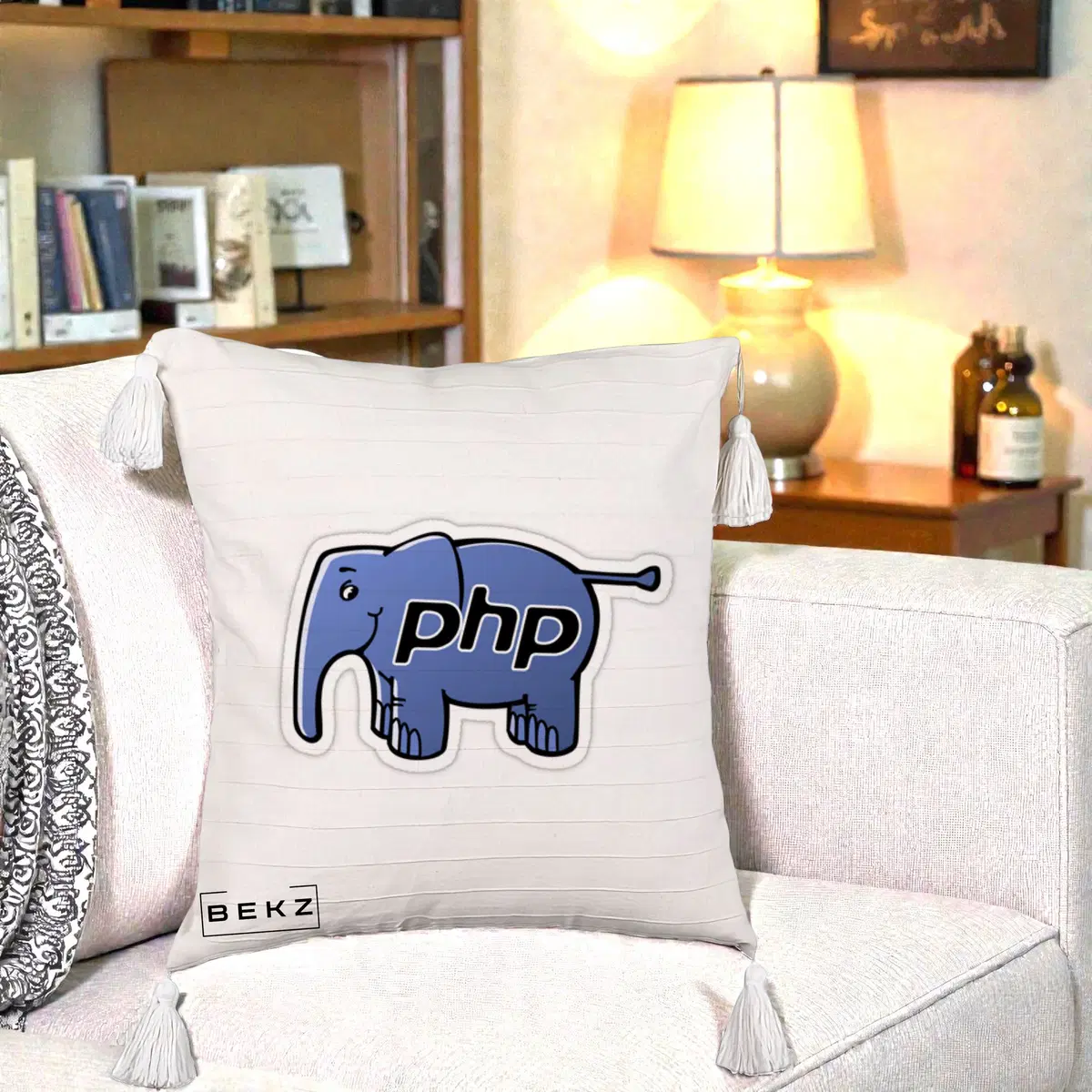 Perna Decorativa PHP Elephant, 40x40 cm, Bej cu Franjuri, Husa Detasabila, Perna, BEKZ®