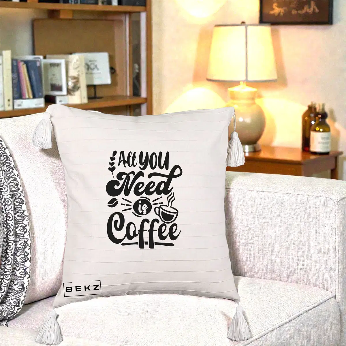 Perna Decorativa All You Need Is Coffee, 40x40 cm, Bej cu Franjuri, Husa Detasabila, Perna, BEKZ®