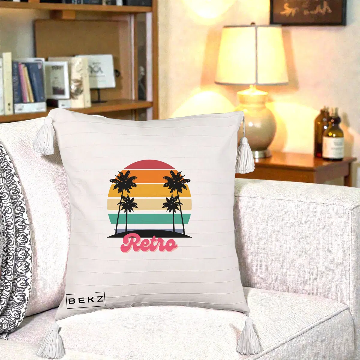Perna Decorativa Retro Sunset Palmieri, 40x40 cm, Bej cu Franjuri, Husa Detasabila, Perna, BEKZ®