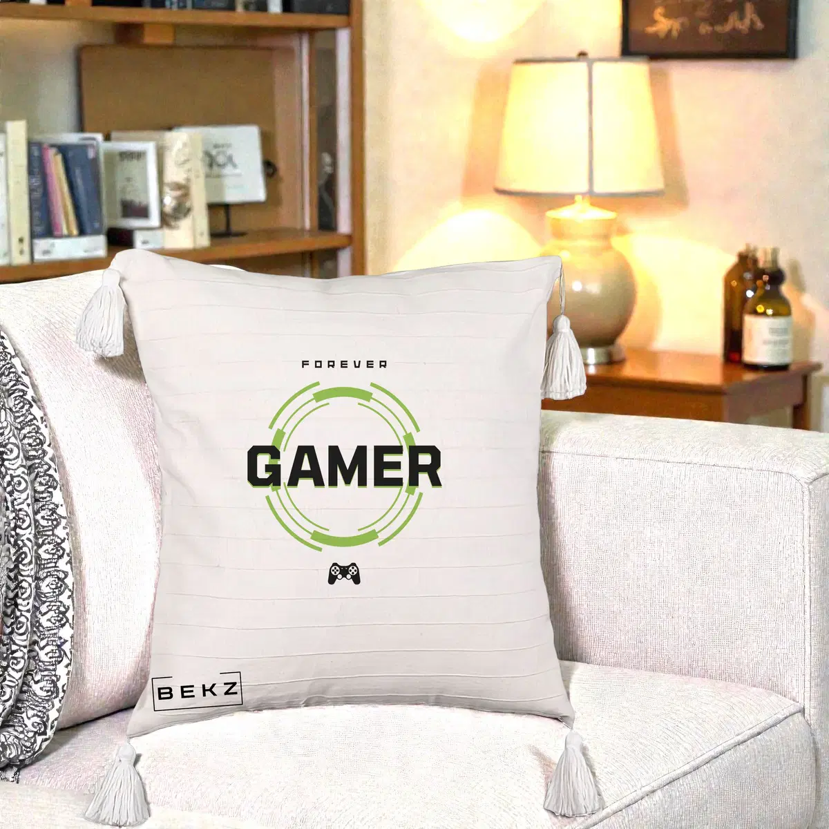 Perna Decorativa Forever Gamer, 40x40 cm, Bej cu Franjuri, Husa Detasabila, Perna, BEKZ®