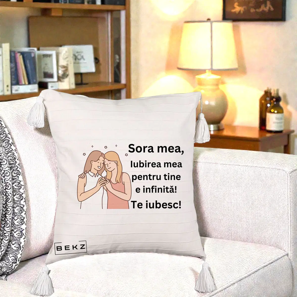Perna Decorativa Sora Mea Te Iubesc Doua Fete Colorate cu Sutiene, 40x40 cm, Bej cu Franjuri, Husa Detasabila, Perna, BEKZ®