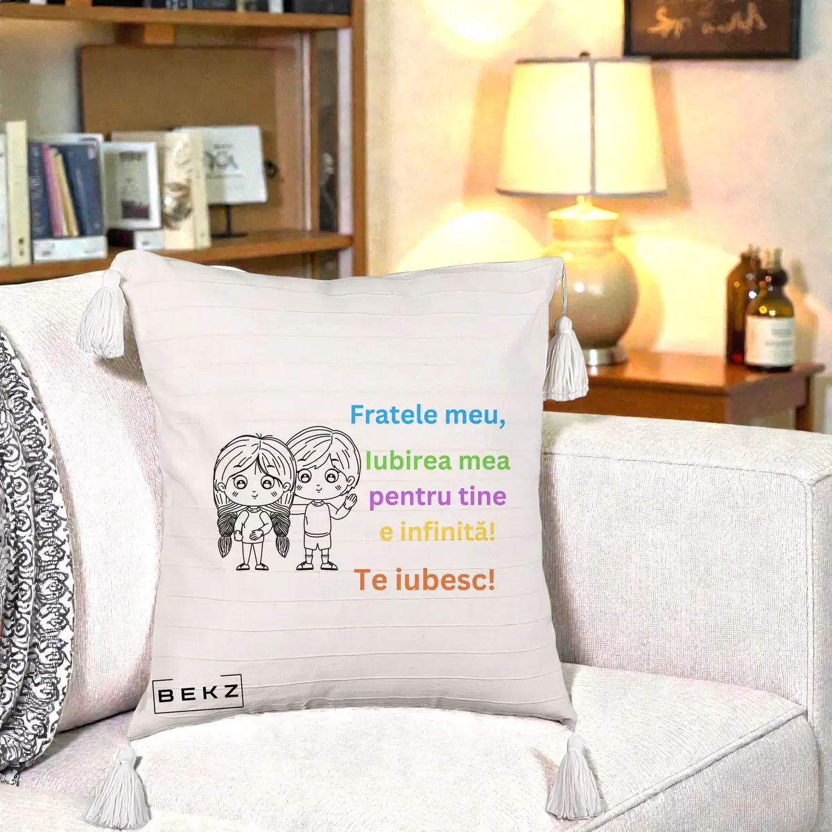 Perna Decorativa Fratele Meu Te Iubesc Copii Anime Colorat, 40x40 cm, Bej cu Franjuri, Husa Detasabila, Perna, BEKZ®