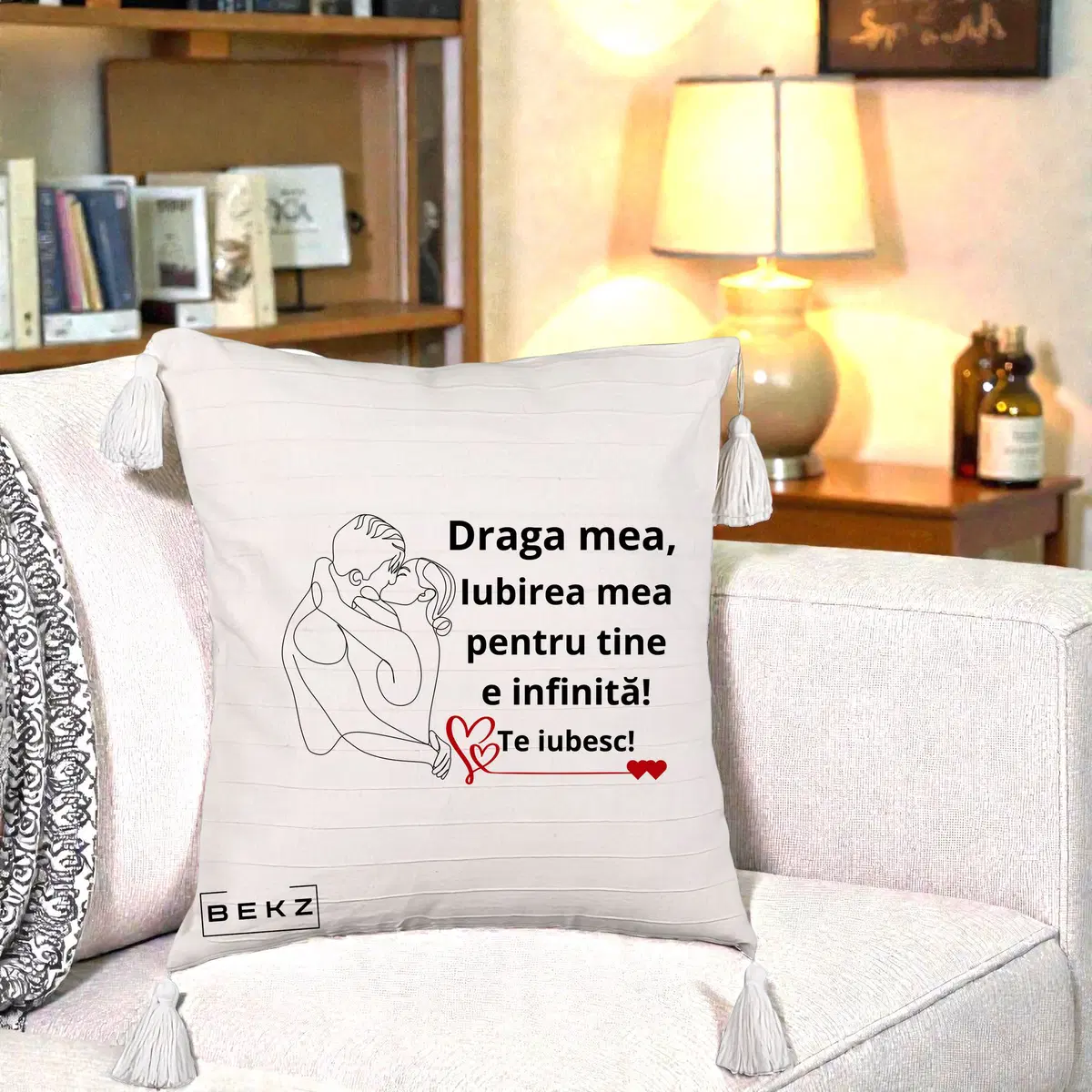 Perna Decorativa Draga Mea Iubirea Mea pentru Tine e Infinita Te Iubesc, 40x40 cm, Bej cu Franjuri, Husa Detasabila, Perna, BEKZ®